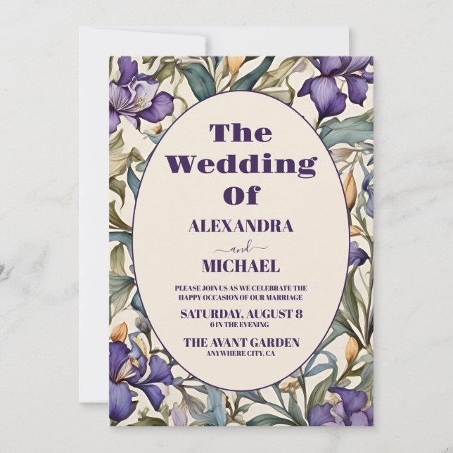 Invitación Foto: Boda Purple Iris Art Nouveau (Anverso)