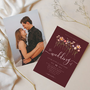 Invitación Foto Boda Rosa Claro y Borgoña Flor Silvestre