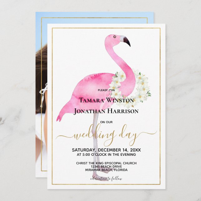 Invitación Foto Boda Rosa Flamingo Magnolias Beach (Anverso / Reverso)