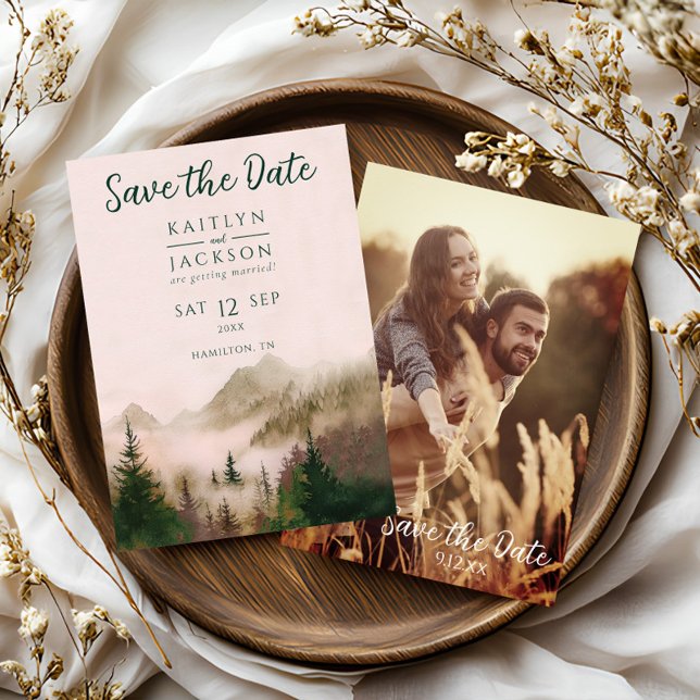 Invitación Foto: Boda Rustica de Acuarela Salva La Fecha (Misty Mountain Rustic Photo Watercolor Save the Date Card)