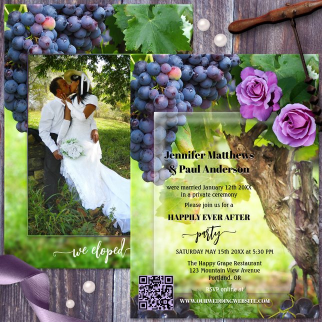 Invitación Foto Boda temática de Elopement Wine (Happily ever after winery wedding invitation featuring your own photo framed by a vineyard design.)
