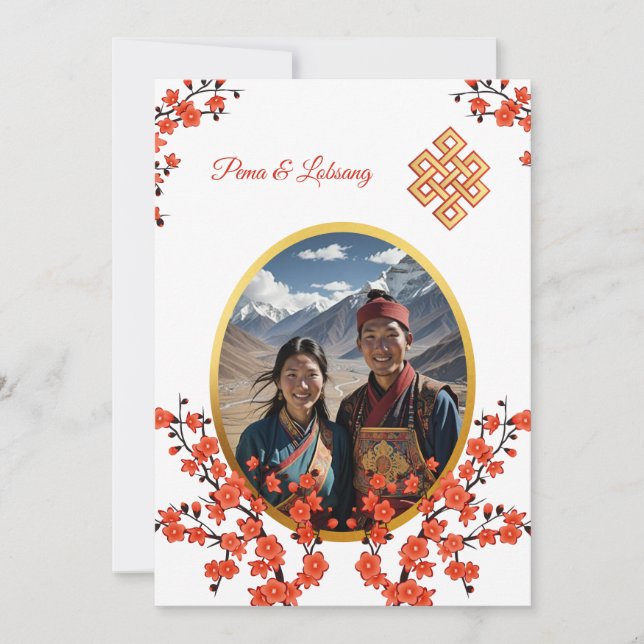Invitación Foto Boda tibetano con flores de cerezo (Anverso)