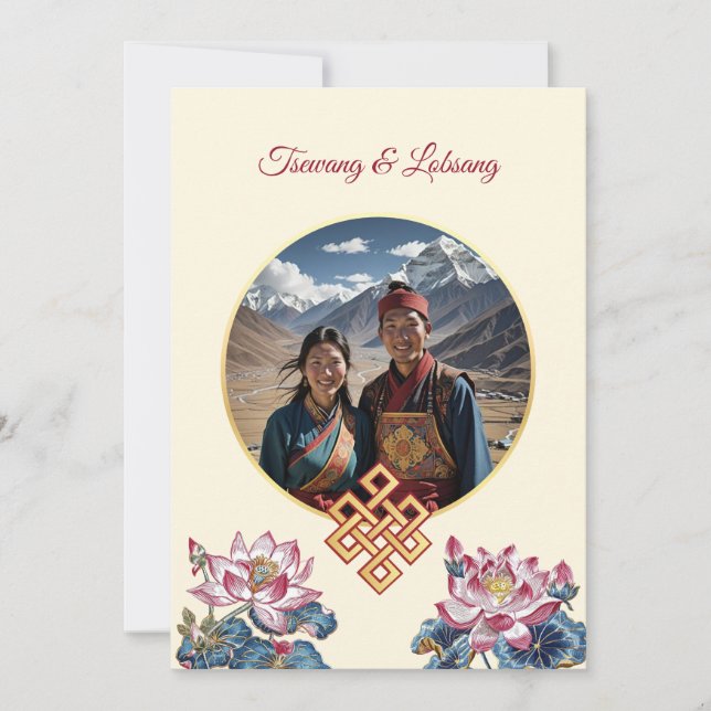 Invitación Foto Boda tibetano con flores de cerezo (Anverso)