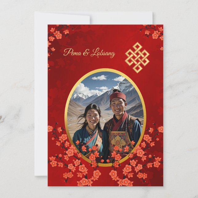 Invitación Foto Boda tibetano con flores de cerezo (Anverso)