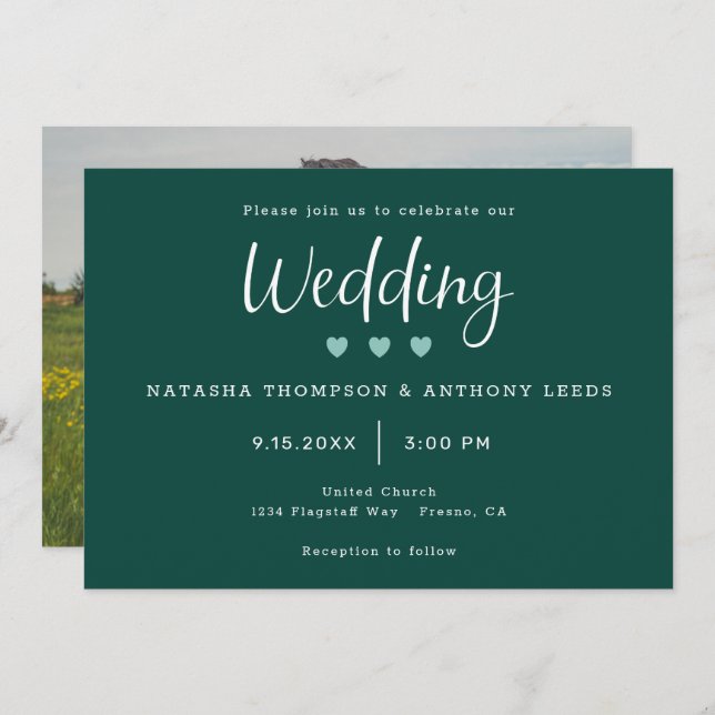 Invitación Foto Boda Tres Corazones Verde Oscuro (Anverso / Reverso)