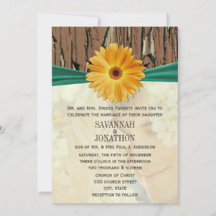 Invitación Foto: Boda Vintage Wood Emerald Gerber Daisy