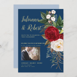Invitación Foto Boho Azul Marino y Floral Borgoña