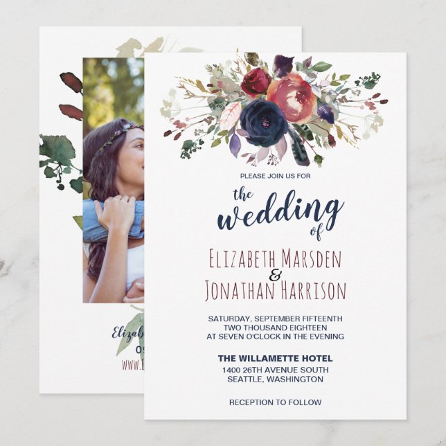 Invitación Foto Boho Burgundy Navy Mauve Boda Floral (Anverso / Reverso)