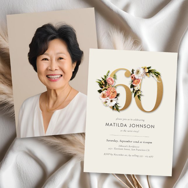 Invitación Foto Boho Floral 60 cumpleaños (Photo Boho Floral 60th Birthday Invitation)