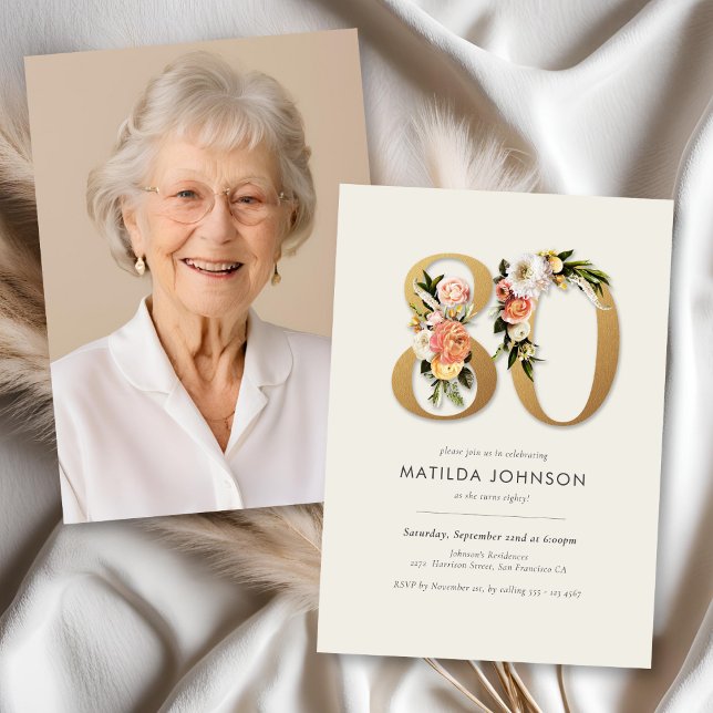 Invitación Foto Boho Floral 80 cumpleaños (Photo Boho Floral 80th Birthday Invitation)