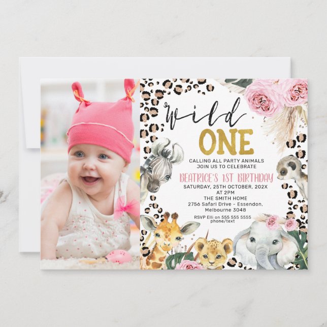 Invitación Foto Boho Floral Safari Wild Un primer cumpleaños (Anverso)