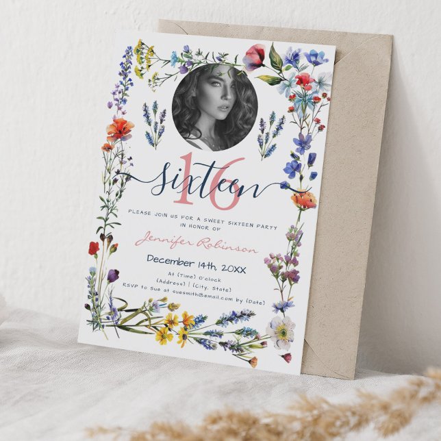 Invitación FOTO Boho Flores Silvestres Presionadas Dulce 16 C (PHOTO Boho Pressed Wildflowers Sweet 16 Birthday Invitation)