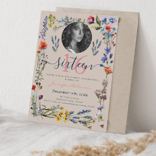 Invitación FOTO Boho Flores Silvestres Presionadas Dulce 16 C