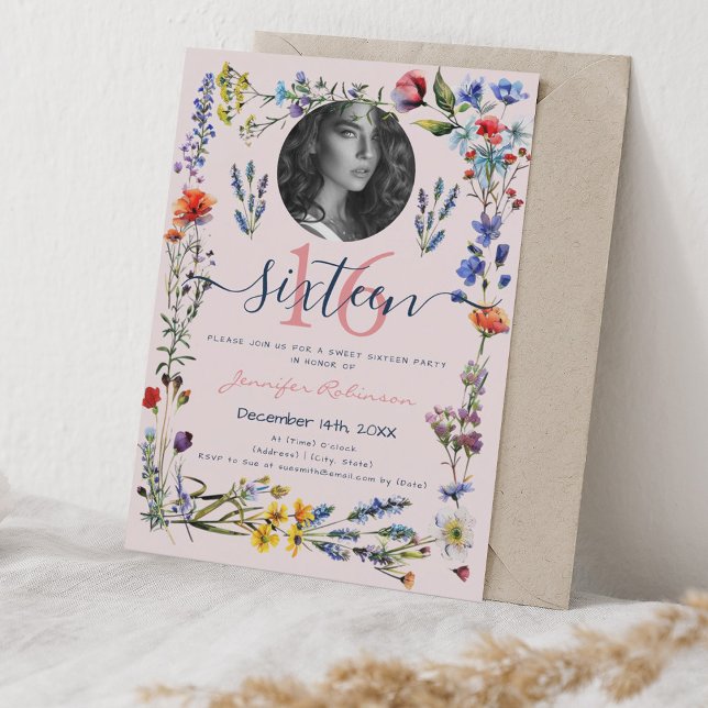 Invitación FOTO Boho Flores Silvestres Presionadas Sweet 16 R (PHOTO Boho Pressed Wildflowers Sweet 16 Blush Invitation)