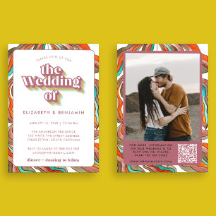 Invitación Foto Boho Groovy Retro Código QR Boda de onda rosa