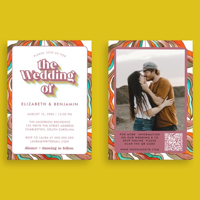 Invitación Foto Boho Groovy Retro Código QR Boda de onda rosa (Front and Back)