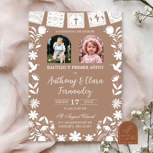 Invitación Foto Boho Marrón Cielito Lindo Gemelos Bautizo