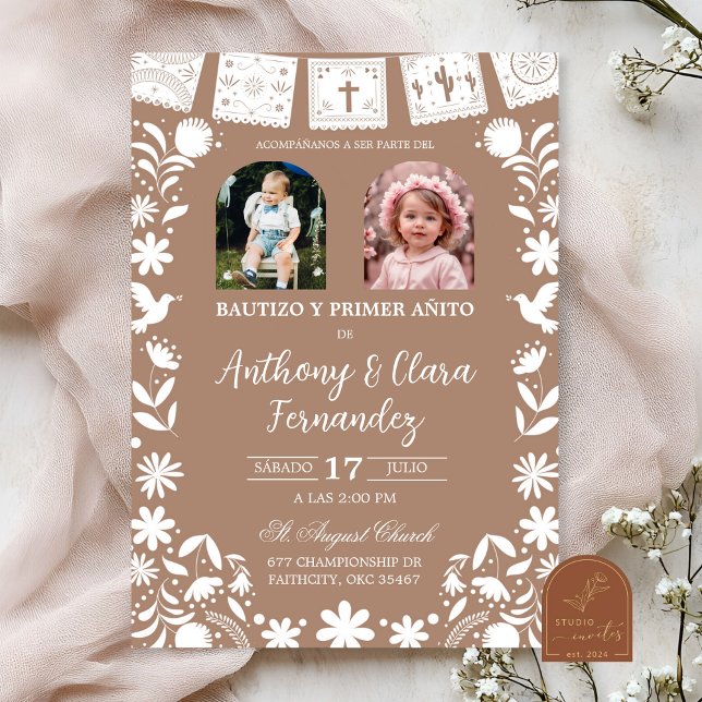 Invitación Foto Boho Marrón Cielito Lindo Gemelos Bautizo (Subido por el creador)