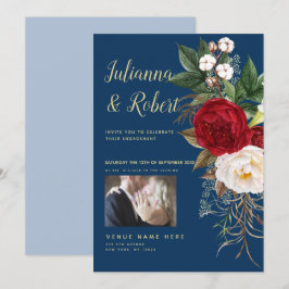 Invitación Foto Boho Navy Floral azul y borgoña