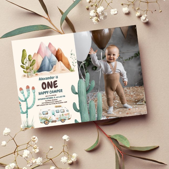 Invitación Foto Boho One Happy Camper Primer Fiesta de cumple (Subido por el creador)