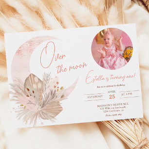 Invitación Foto boho rústico pampas luna floral 1º cumpleaños