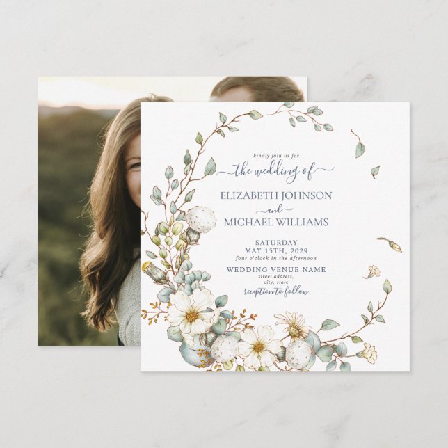 Invitación Foto botánica cuadrada de color ruidoso azul y cre (Anverso / Reverso)