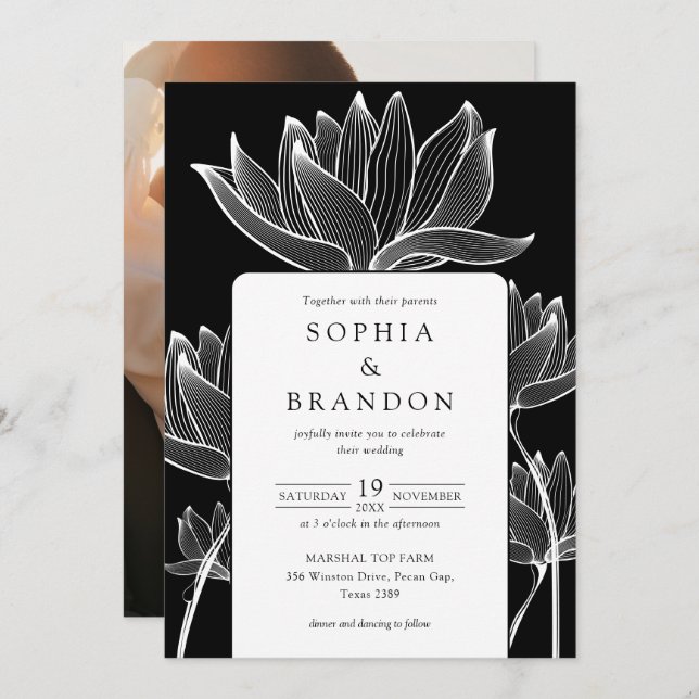 Invitación Foto Botánica Floral Boda Blanco Y Negro (Anverso / Reverso)