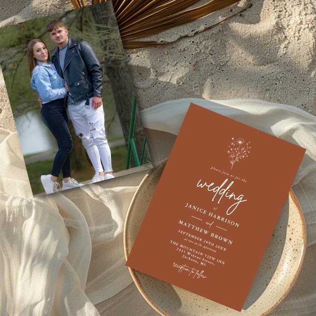 Invitación Foto Botánica Naranja Quemada Rústica de Boda (Burnt orange botanical photo invitation showcases your love story with a warm personalized touch)