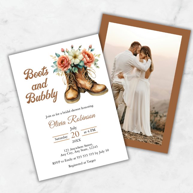 Invitación Foto Botas Rústicas y Fiesta de Despedida de Solte (Photo Rustic Boots and Bubbly Bridal Shower Invitation )