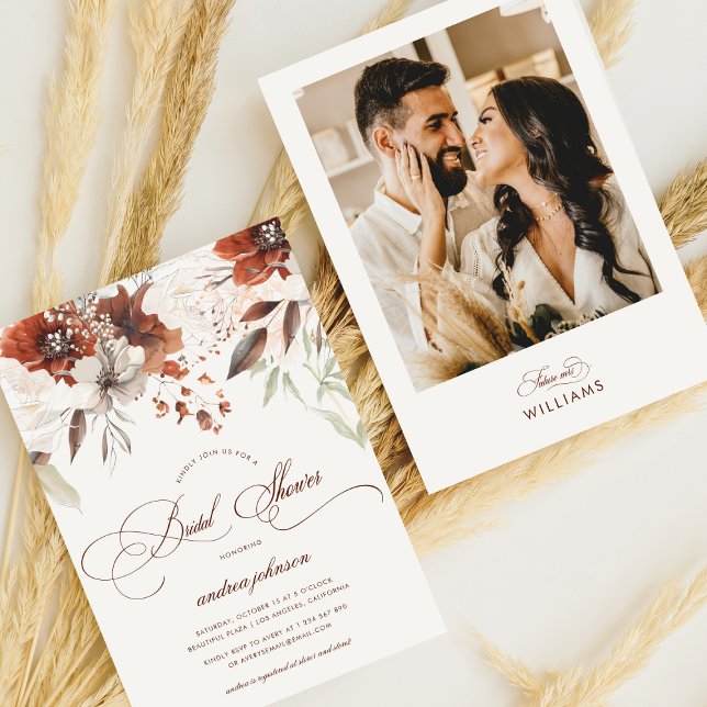 Invitación Foto Caída Floral Calligrafía otoñal Ducha nupcial (Subido por el creador)