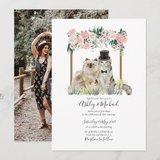 Invitación Foto caprichosa acuarela gato Flor blanca rosada (Anverso / Reverso)