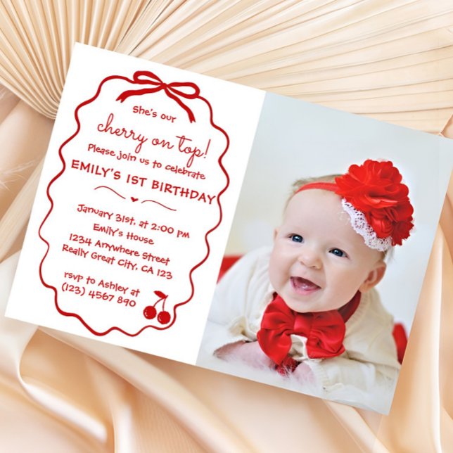 Invitación Foto caprichosa de cereza en la parte superior dib (She's the Cherry on Top Hand Drawn Birthday Invitation She's our Cherry on Top, Hand Drawn Birthday )