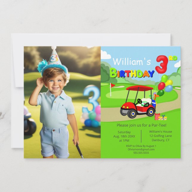 Invitación Foto carrito de golf rojo cumpleaños 3 niño (Anverso)