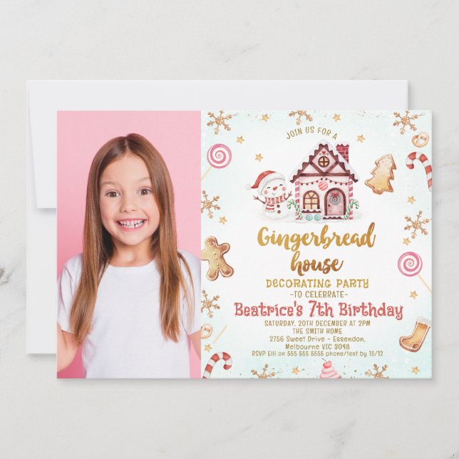 Invitación Foto Casa de Gingerbread Día de Cumpleaños Decoran (Anverso)
