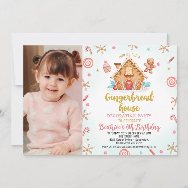 Invitación Foto Casa de Gingerbread Fiesta decoradora Cumplea (Anverso)