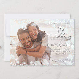 Invitación Foto Casual moderna Boda de borde floral blanco