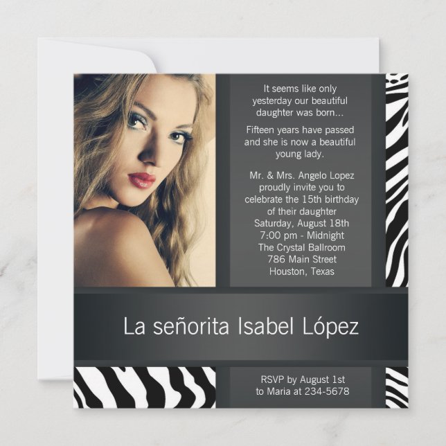 Invitación Foto cebra personalizada Quinceanera (Anverso)
