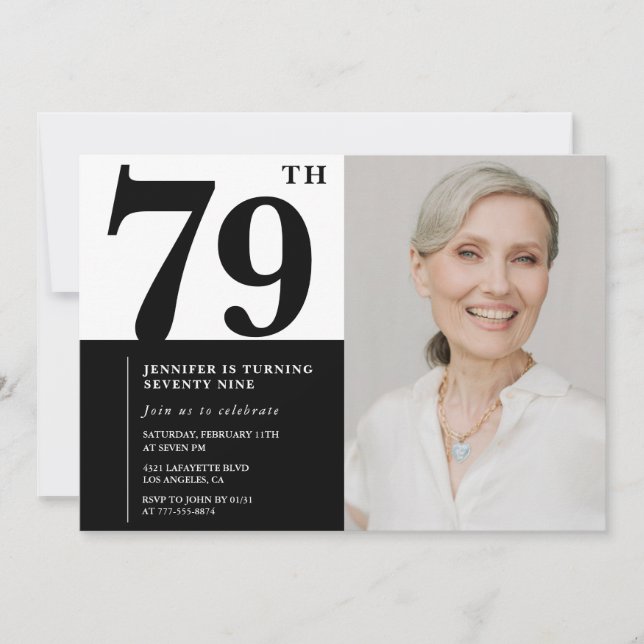 Invitación Foto Chic Negra Blanca Cumpleaños 79 (Anverso)