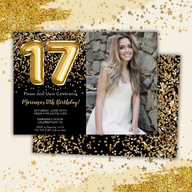 Invitación Foto Chica de niños de oro negro 17 cumpleaños (Subido por el creador)