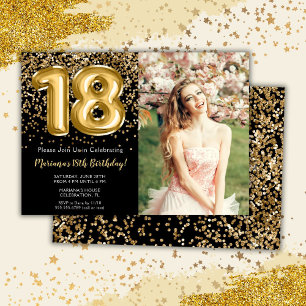 Invitación Foto: Chica de niños de oro negro 18º cumpleaños