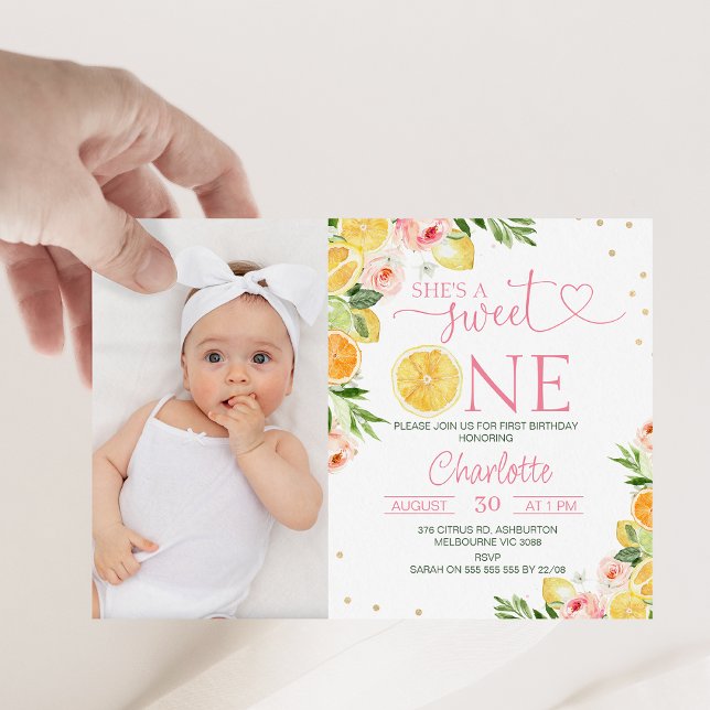 Invitación Foto Citrus floral Ella es un dulce primer cumplea (SWEET ONE birthday invitation, Summer 1st Birthday Invite, Fruit 1st Birthday Invitation, Sweet One )