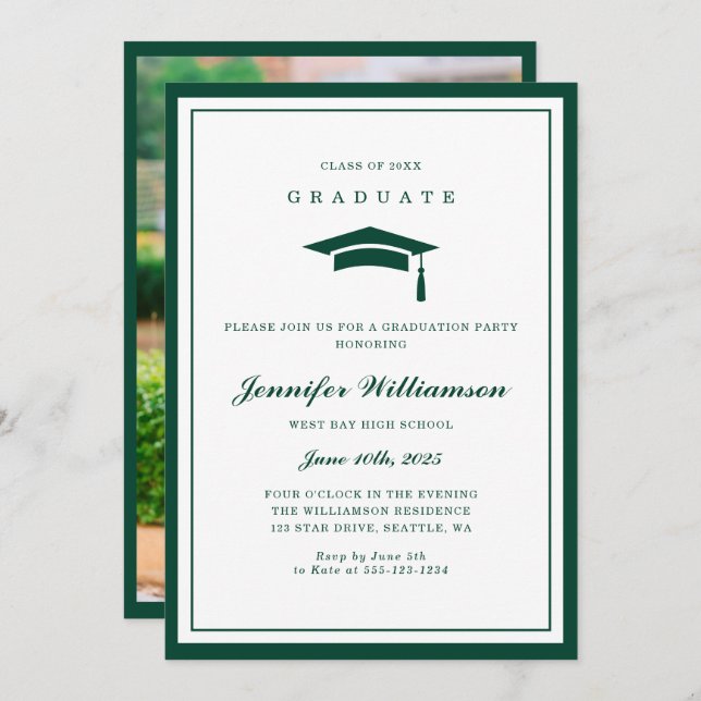 Invitación Foto clásica de graduación de guiones verdes y bla (Anverso / Reverso)