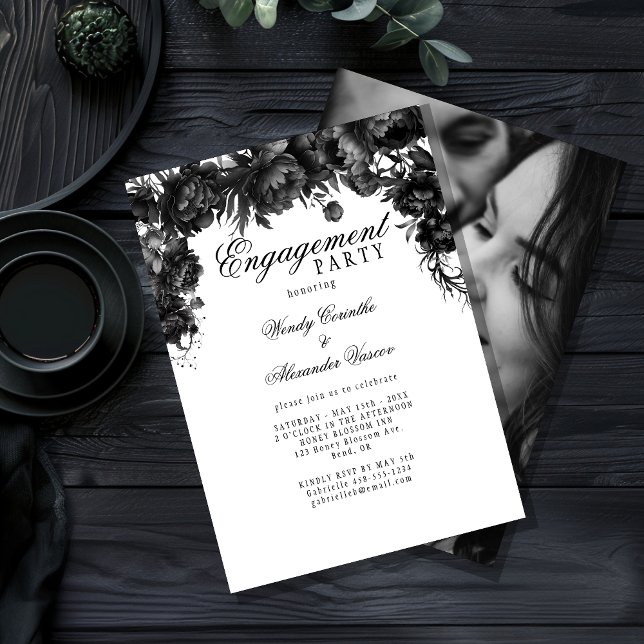 Invitación Foto clásica de la fiesta de compromiso blanco gót (Subido por el creador)