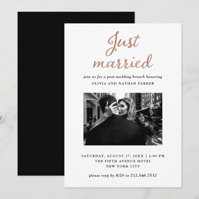 Invitación Foto clásica | Faux Rosa Gold Just Casried (Anverso / Reverso)