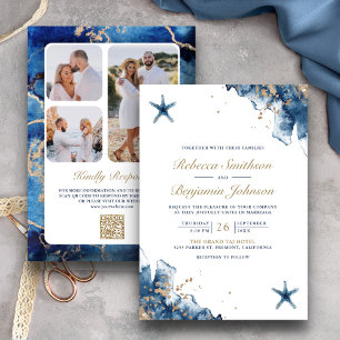 Invitación Foto Código QR Boda Estrella de Mar Azul Marítimo 