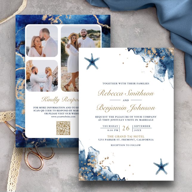 Invitación Foto Código QR Boda Estrella de Mar Azul Marítimo  (Subido por el creador)