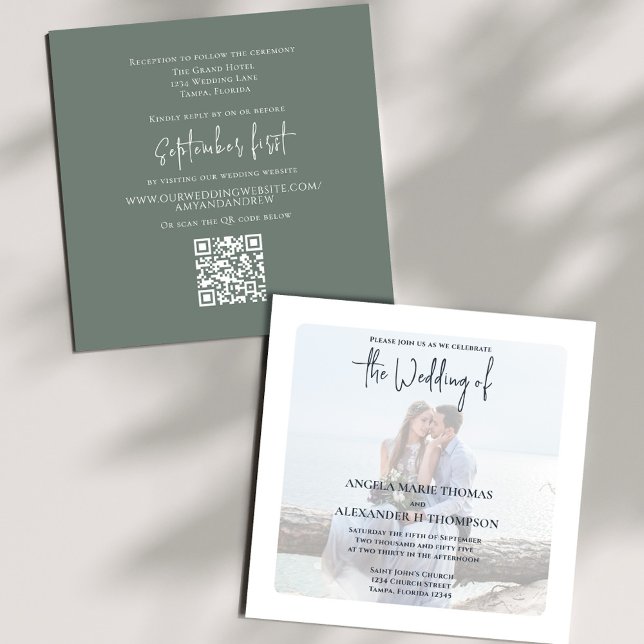 Invitación Foto Código QR RSVP Online Simple Moss Green (Elegant photo Moss Green wedding invitation with a scannable QR code.)