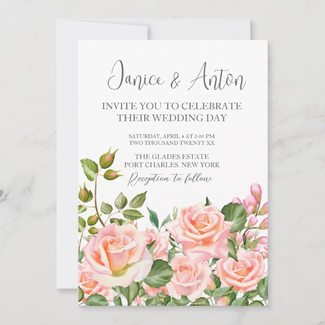 Invitación Foto Código QR Rubor Boda Botánico Rosa (Anverso)