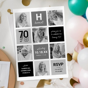 Invitación Foto Collage Cumpleaños 70 en Blanco y Negro