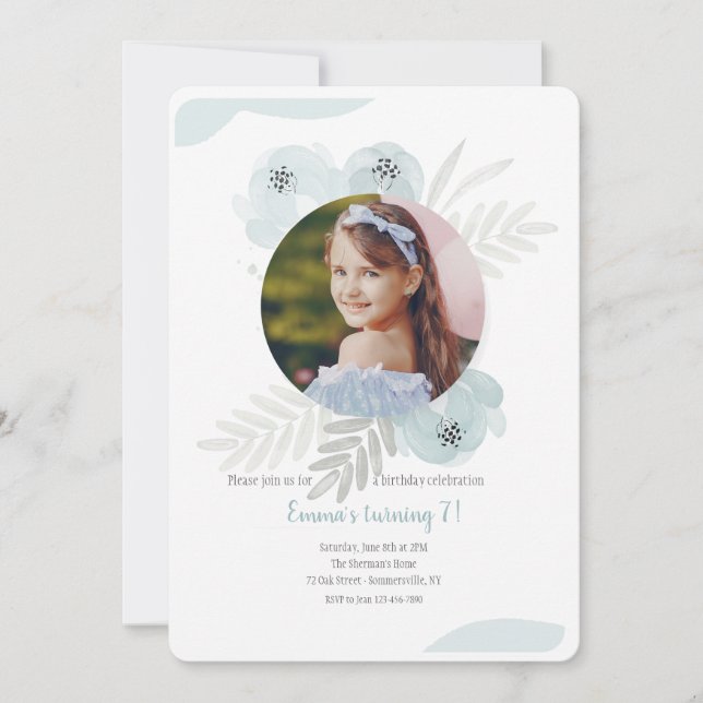 Invitación Foto con acuarela de azul polvoriento (Anverso)